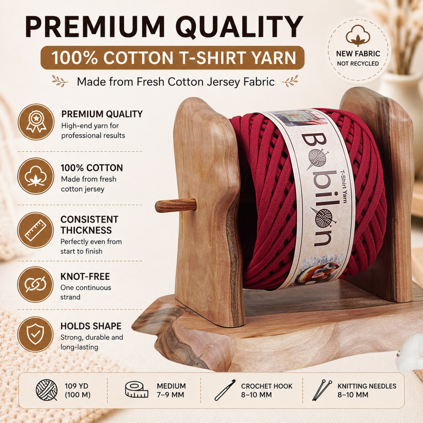 T-shirt yarn, Medium 7-9 mm, Burgundy