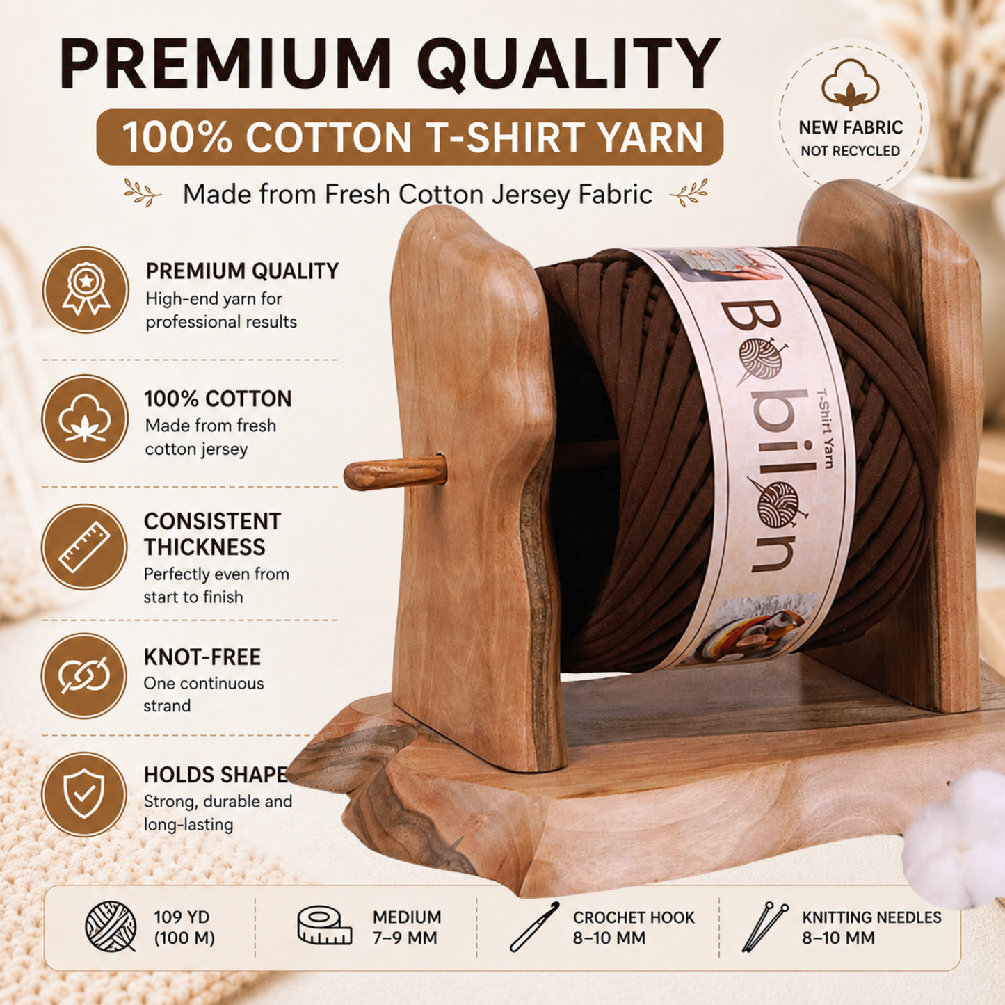T-shirt yarn, Medium 7-9 mm, Sweet Brownie
