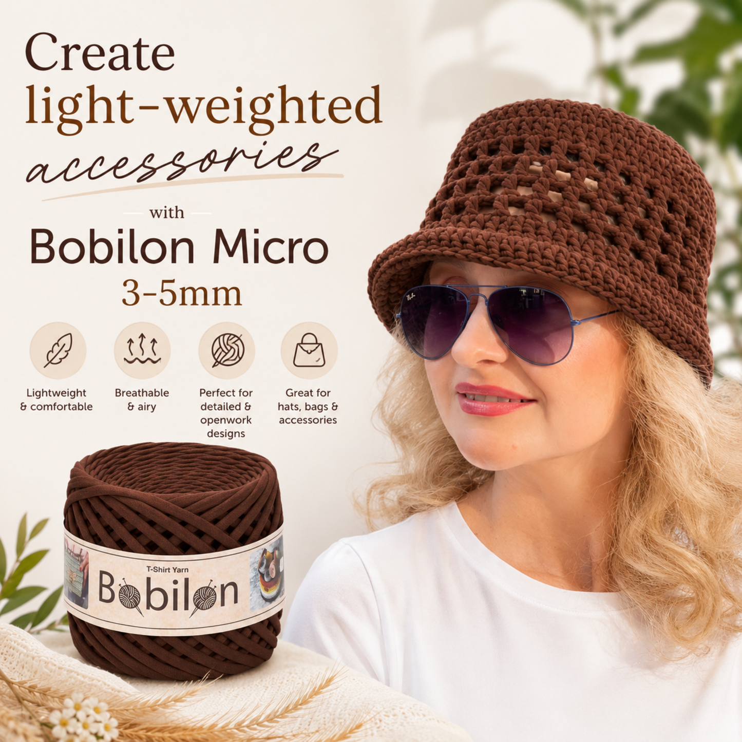 T-shirt yarn, Micro 3-5 mm, Sweet Brownie