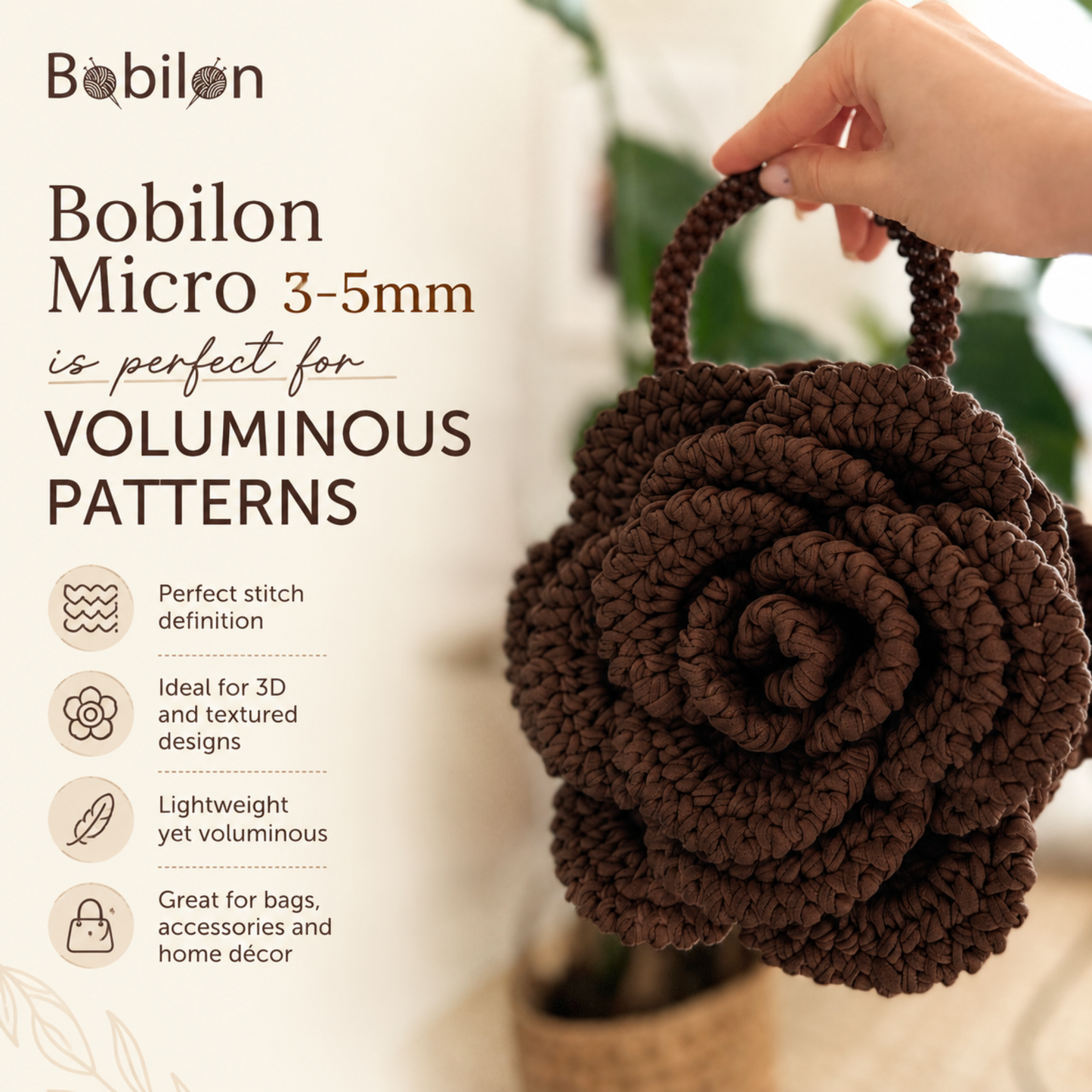 T-shirt yarn, Micro 3-5 mm, Sweet Brownie